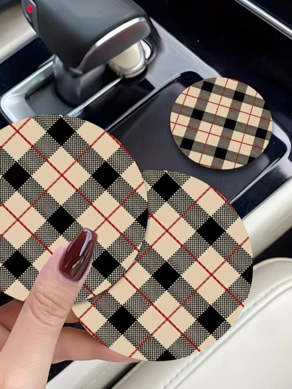 Plaid Car Cup Holder (2) Coasters - Tan & Black Plaid